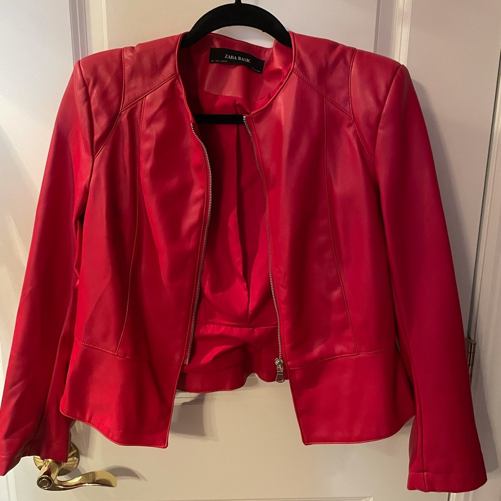 Red Zara Leather shoulderpad Jacket Size L